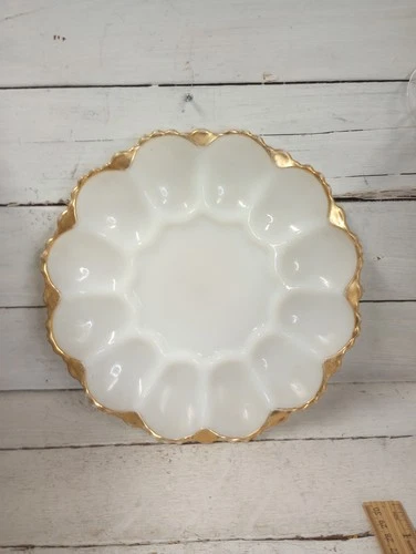Vintage Milk Glass Deviled Egg Plate Dish Gold Trim Farmhouse