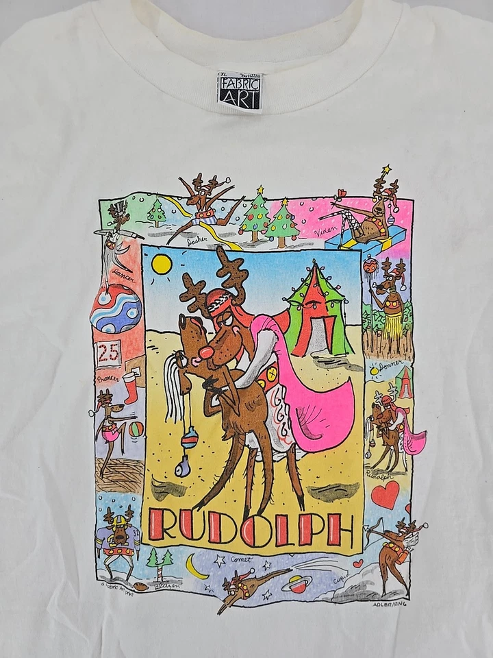Camiseta Gráfica Arte Tela Vintage Blanca XL Rudolph Reindeers Anillo Águila Navidad Foto 2 de 4