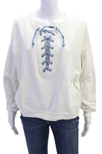 NSF Womens Long Sleeve Lace Up V Neck Boxy Sweatshirt White Cotton Size Petite