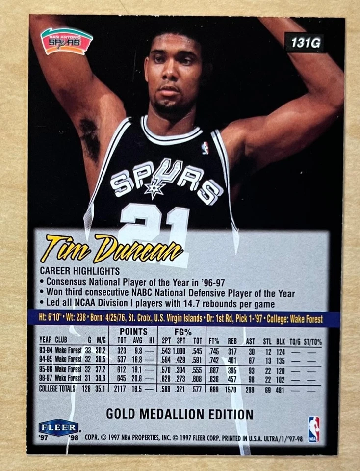 1997-98 Fleer Ultra Rookie Gold Medallion Tim Duncan #131G Rookie RC Spurs Salón de la fama Foto 2 de 2