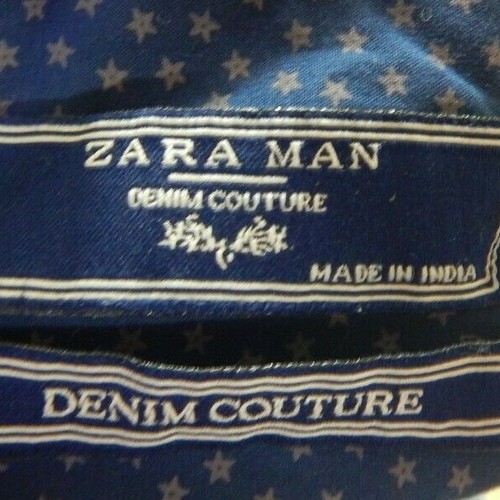Zara Man Large Shirt Denim Couture Button Down Washed Navy Star Print EUC - Picture 3 of 4