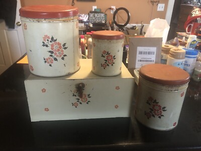 Vintage Decoware Tin Litho Canister Set Floral Poppy  Bread box, Cake Saver Tray