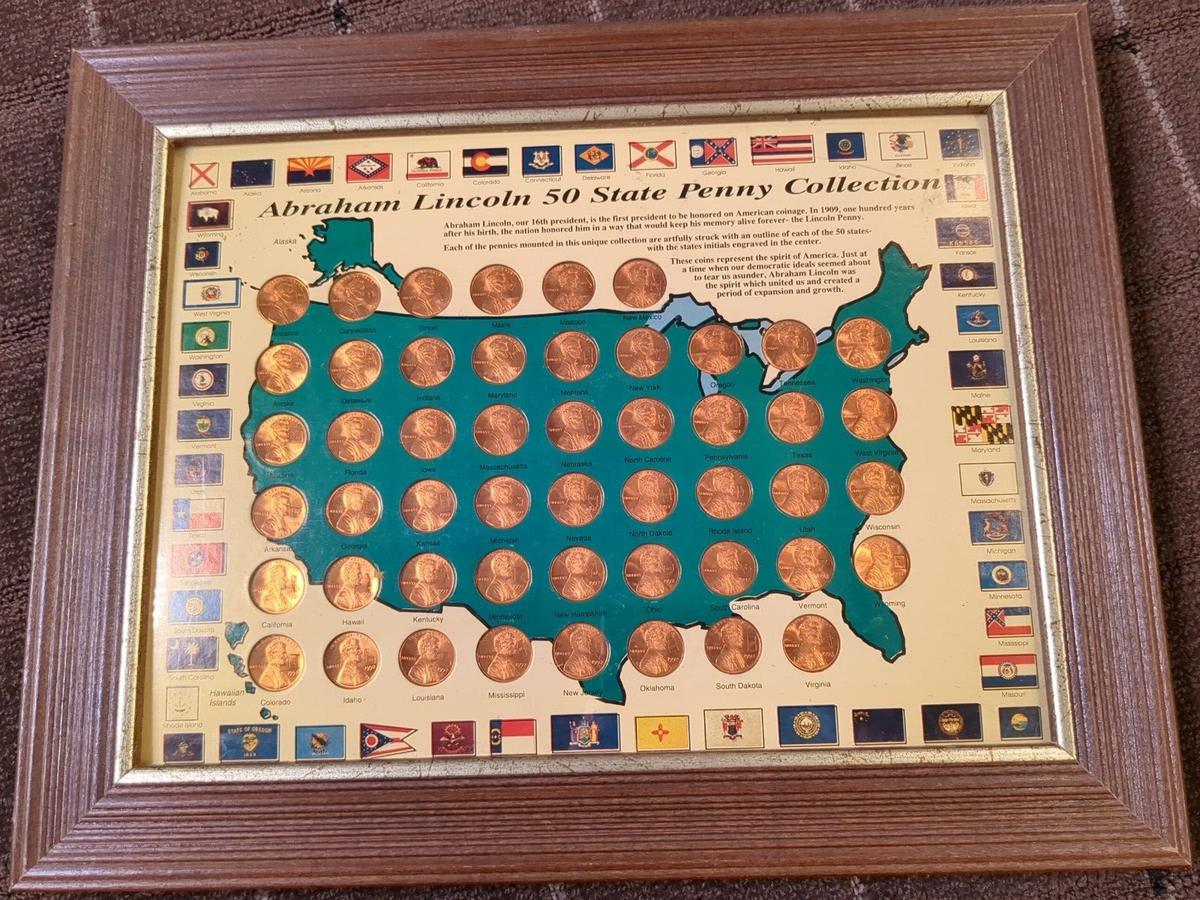 1992 Abraham Lincoln 50 State Map Penny Collection Framed Display  display picture 1