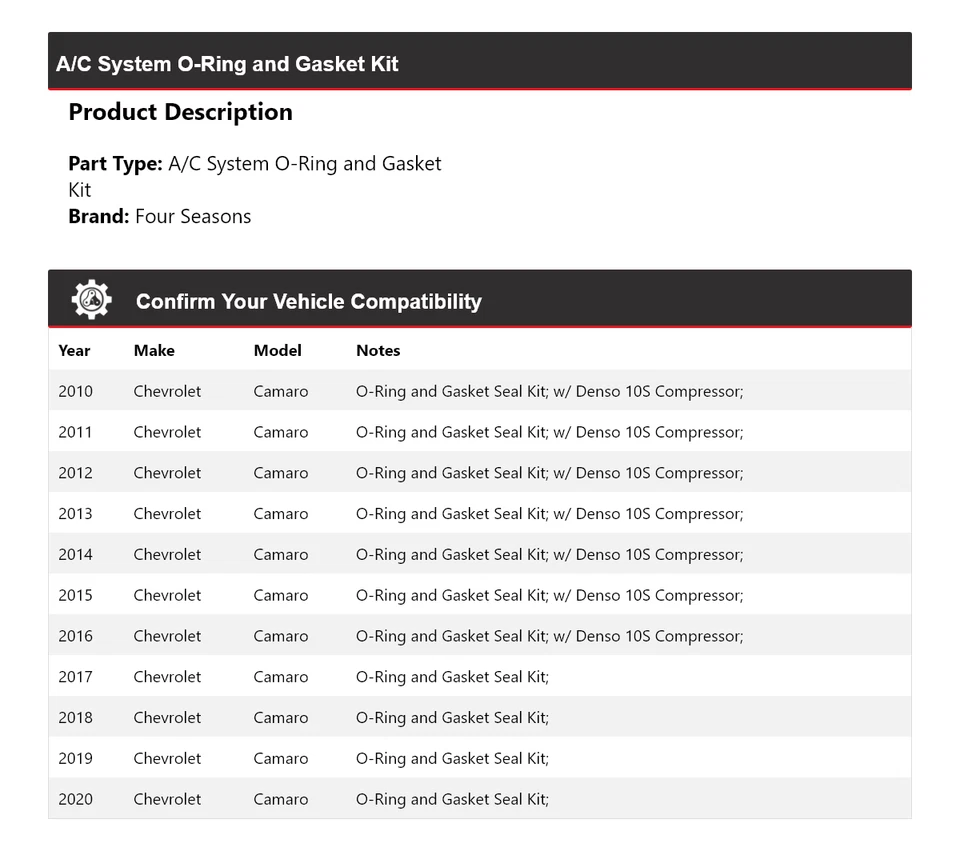 Kit de junta tórica y junta sistema de aire acondicionado Chevrolet Camaro 2010-2020 4 estaciones 2011 Foto 2 de 4