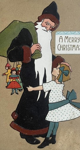 Niña Abraza Vestido Negro Papá Noel con Barba Blanca Larga ~ Postal de Navidad Rara - Imagen 3 de 3