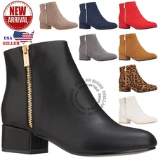 NEW Women's Low Heel Ankle Boot Casual Zip Up Bootie Comfortable Round Toe