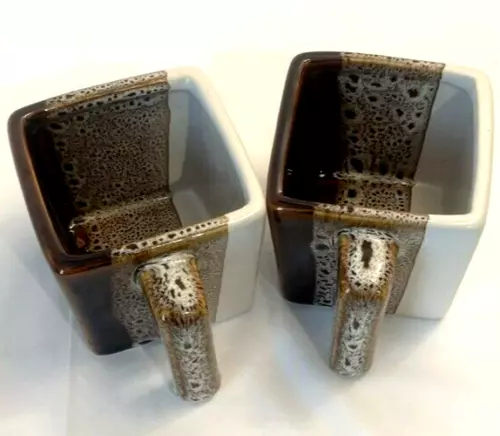 Pier 1 Espresso Coffee Cups 4 oz Square Stoneware Mugs Speckled Brown Set of 2