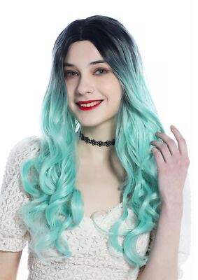 Perücke Damen lang Mittelscheitel gelockt Locken Ombre Schwarz Mintgrün wig