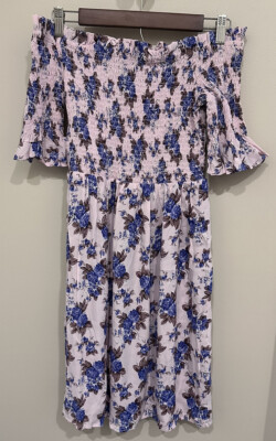 Topshop Tall Pink Blue Bardot Floral Smocked Off Shoulder Mini Dress 