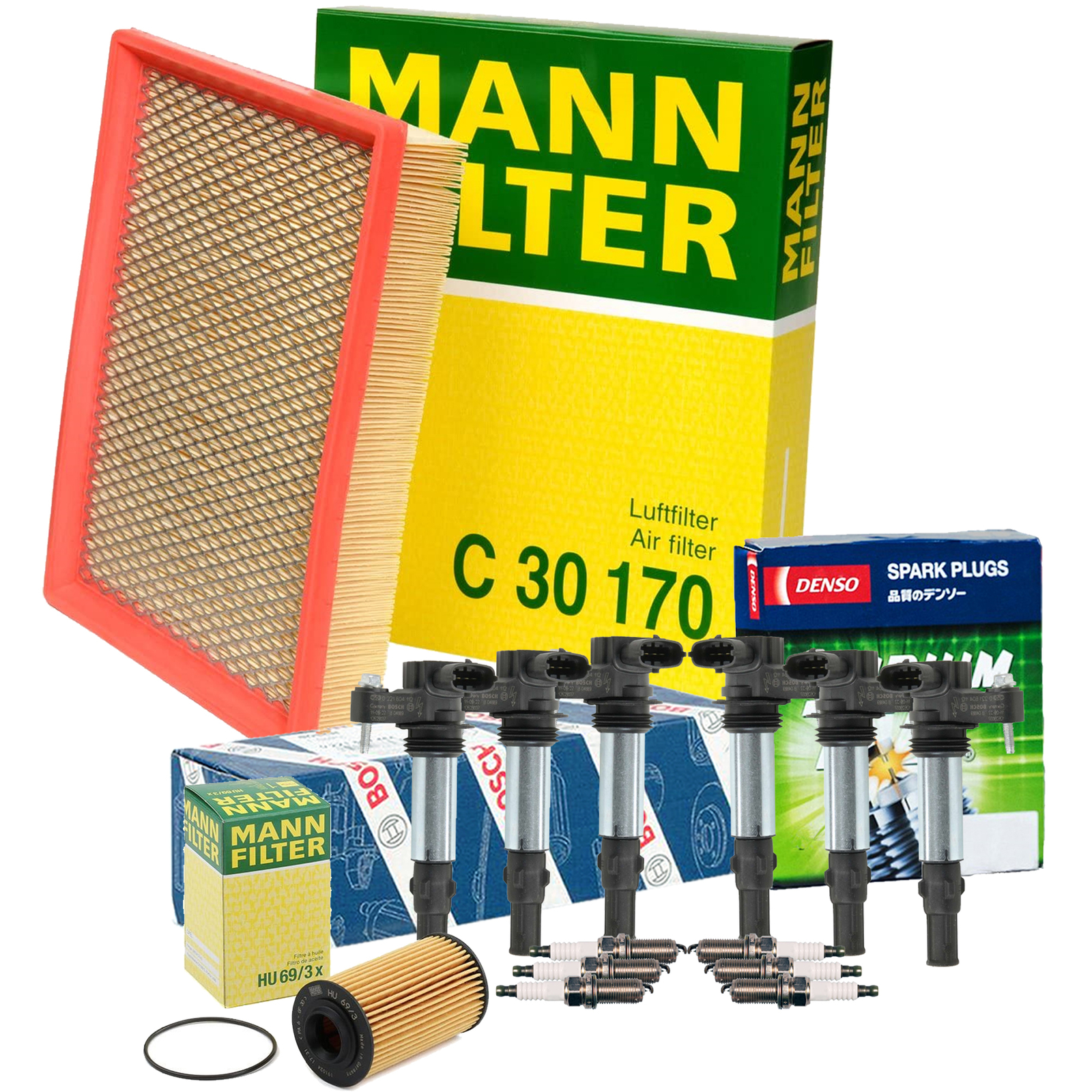 Mann Filter Bosch 6 Coils Denso 6 Iridium TT Spark Plugs Tune Up Kit For Saab V6