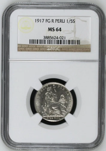 1917 FG JR Peru 1/5 Sol NGC MS64 Tons Of Frosty White Luster ONLY 20K MINTED