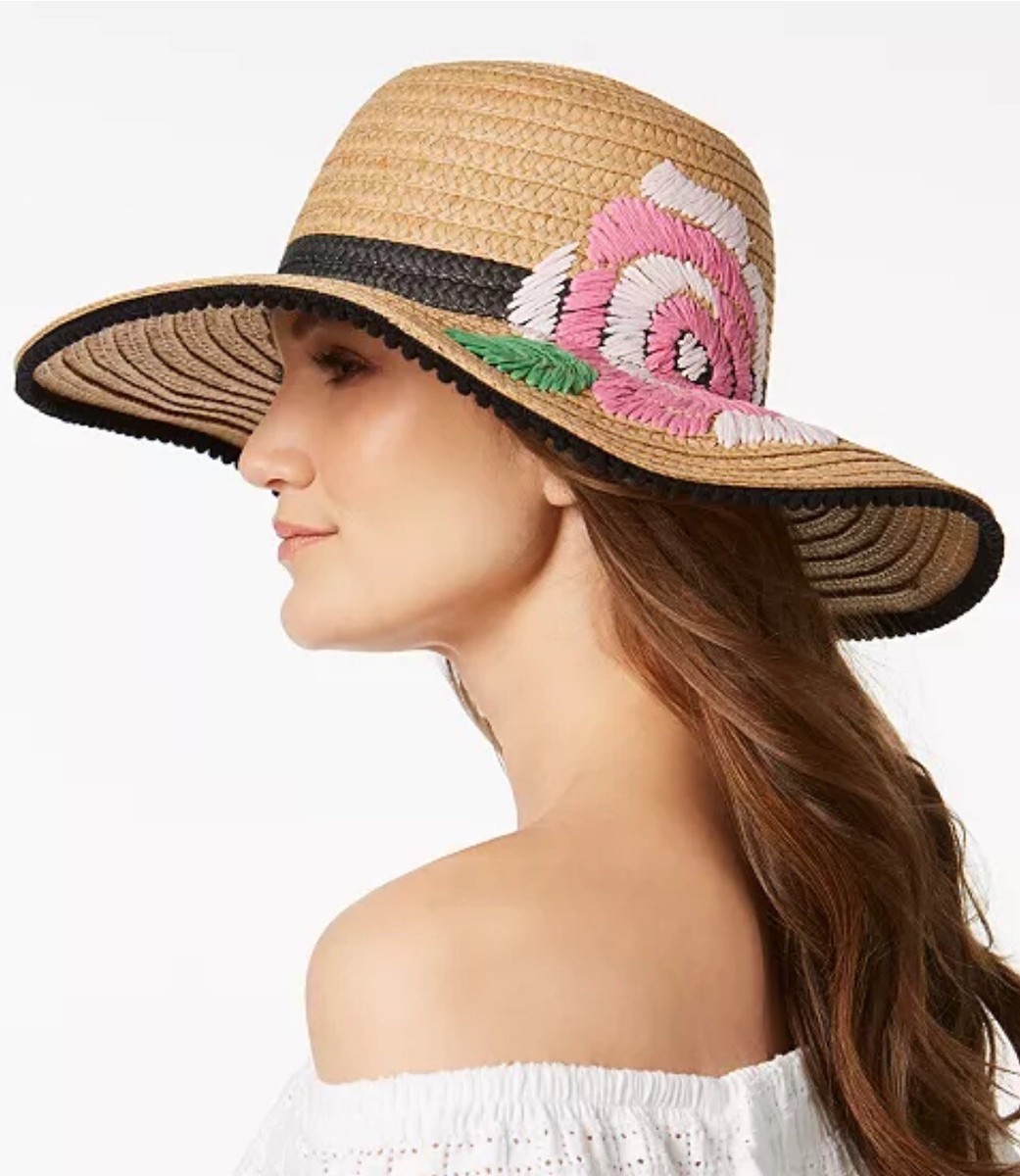 Betsey Johnson Embroidered Floral Straw Hat Beaded Trim 