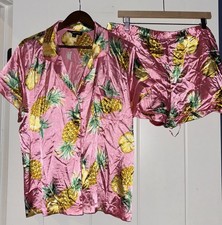 INC Pink Pineapple Satin Pajama Set XL NWT Button Top  Shorts Cute Lounge