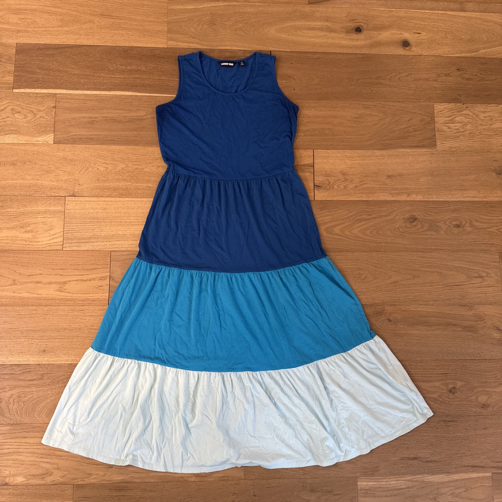Lands’ End Blue Tiered Maxi Dress Colorblock Sleeveless Stretch Cotton M Blues