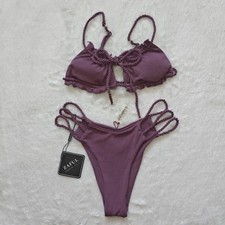 Zaful Purple Small Sz 4 Bikini Rib Knit Lettuce Hem Rope String Cheeky Swimsuit