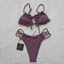 Zaful Purple Small Sz 4 Bikini Rib Knit Lettuce Hem Rope String Cheeky Swimsuit