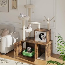 Space-Saving Multi-Function Cat Tree Integrated Hidden Litter Box Scratching Toy