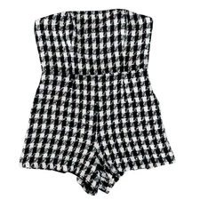 Anthropologie Hutch Women’s Strapless Tweed Herringbone Boucle Pink Black Romper