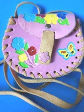Children Girls Tooled Leather Pink Flower Mini Bag Pouch Butterfly Purse Mexico