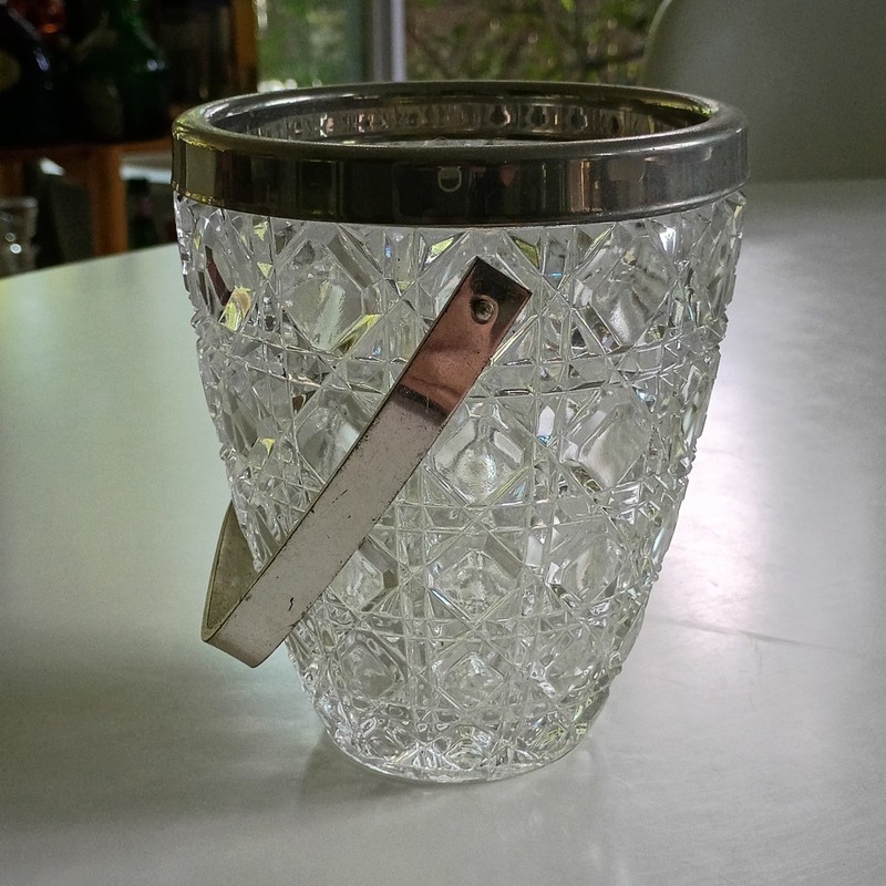 Cut Glass Ice Bucket Clear/Silver Metal Rim Swing Handle 5in Dia 6in H