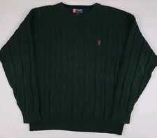 Vintage Chaps Ralph Lauren Cotton Cable Knit Sweater Dark Green Crest RL 90s L