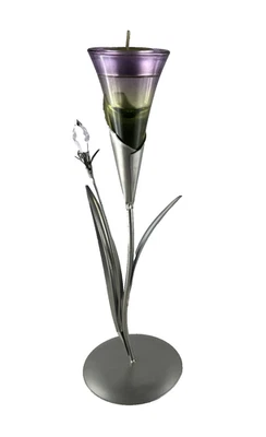 Kerzenhalter Blume Metall für Teelicht 31 cm Hoch mit Glaseinsatz Grün 22559 - Bild 1 von 3