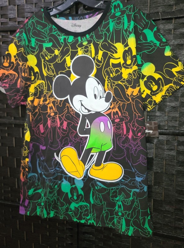 Disney Rainbow Multi Color Mickey Mouse Size LG Graphic T-shirt NWOT Navy Blue