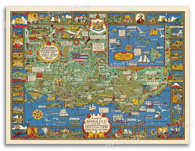 1927 Pictorial Map of Honolulu Hawaii - Oahu - 18x24