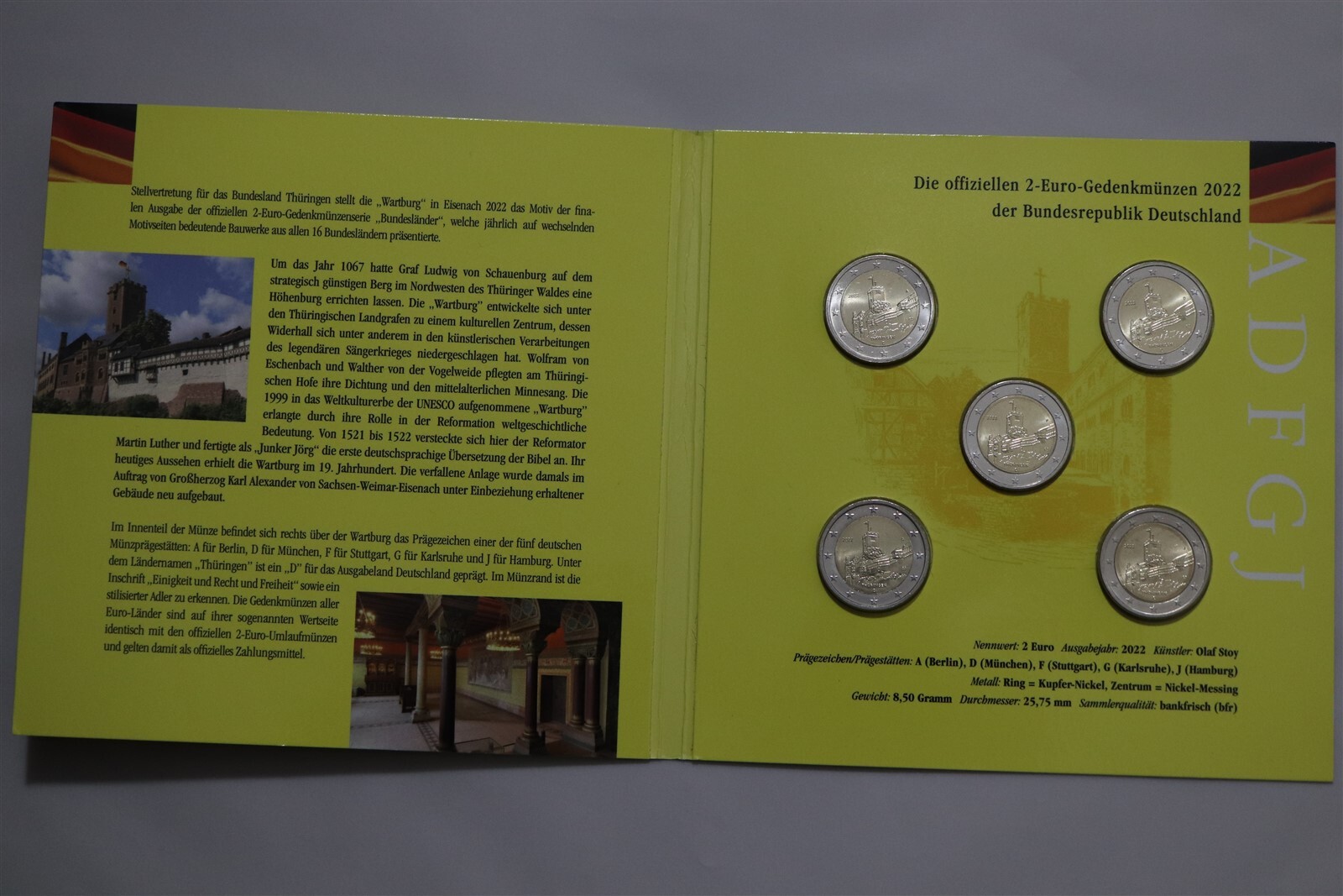 🧭🇩🇪 ALLEMAGNE 5x 2 EURO 2022 THURINGE IN FOLDER B79 #238