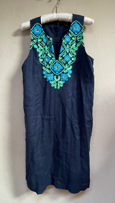 j crew button back linen shift dress J.Crew Shift Dress Embroidered Button Back Sleeveless Medium Petite Navy  Linen