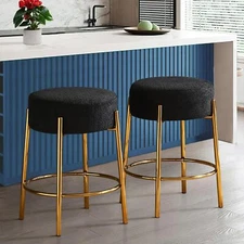 2x 24 Inch Boucle Round Bar Stools Teddy Fabric Upholstered Dining Counter Stool