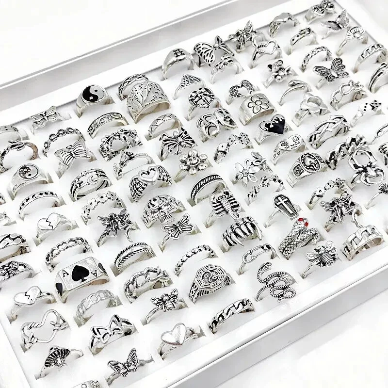 Wholesale 100 Antique Silver Mixed Vintage Rings Bulk Metal Gothic Jewelry Lots - Image 2 of 4