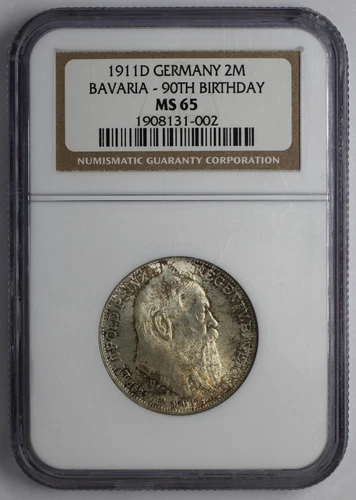 1911 D Germany Silver 2 Mark Bavaria 90th Birthday NGC MS 65
