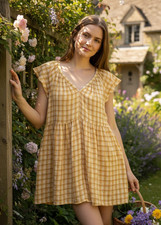 Old Navy 2X Mini Dress Orange Plaid Flutter Cottage Twee 90s Boho Grunge Indie