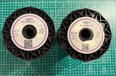 2× GF+ AC Cut Micro A EDM Draht Ø0,10 mm   je Spule beschriftet (0,74 & 1,51 kg)
