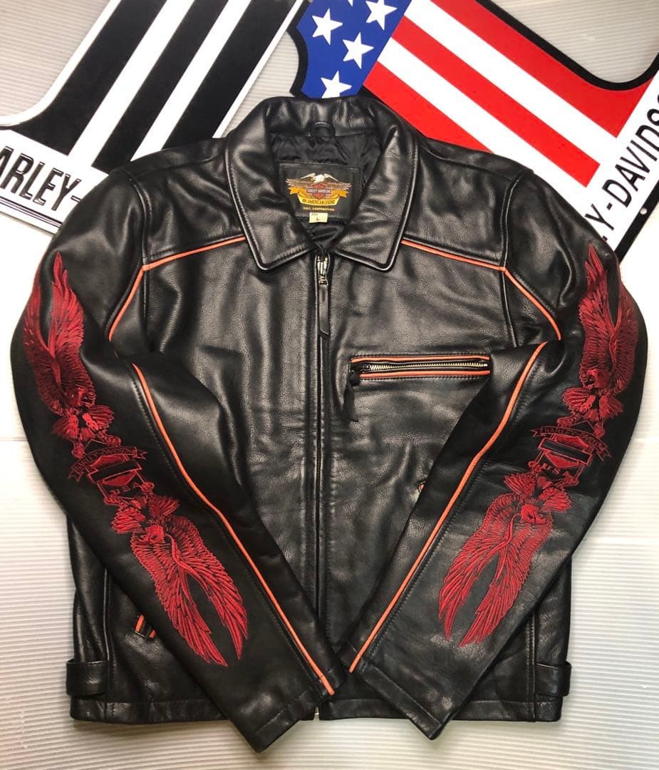 [Rare] Harley-Davidson Goat & cowhide riders jacket Size: L Black/Red 2605TK image 5