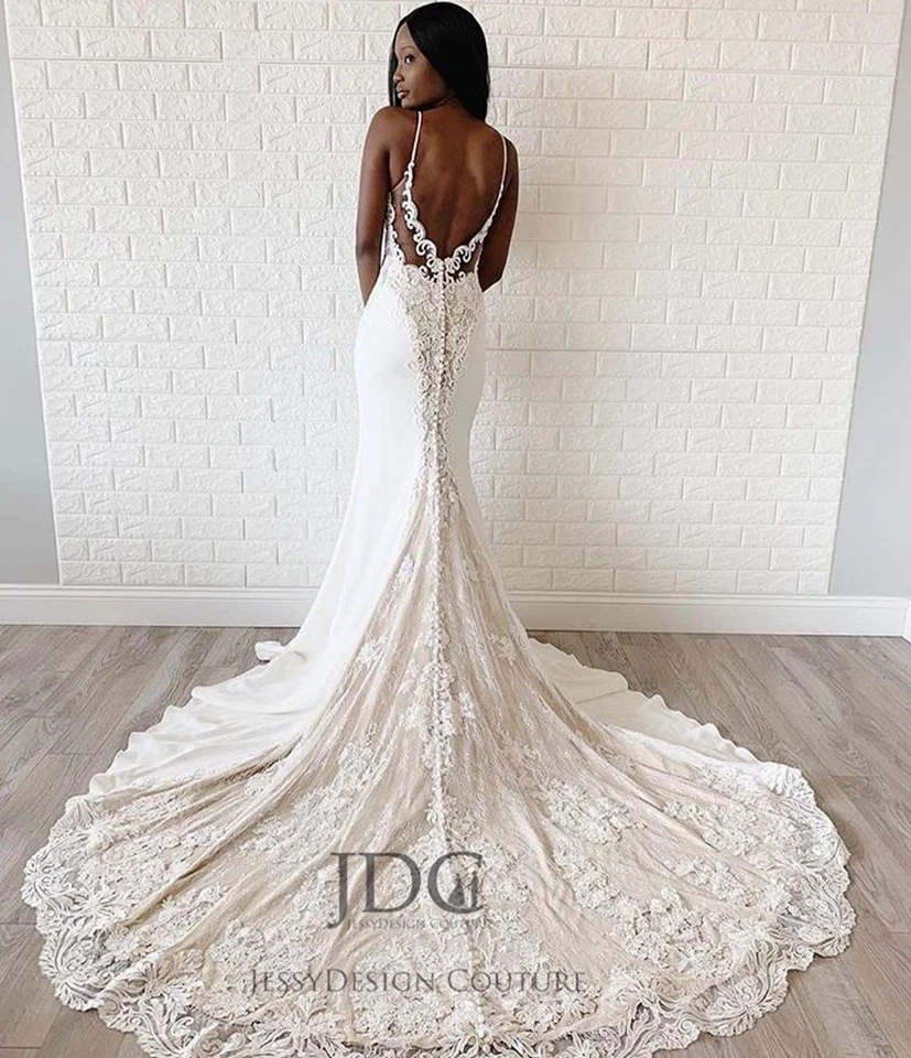 Fit Flare Crepe Meerjungfrau Spitze Brautkleid Hochzeitskleid cut-out Schleppe - Bild 3 von 4