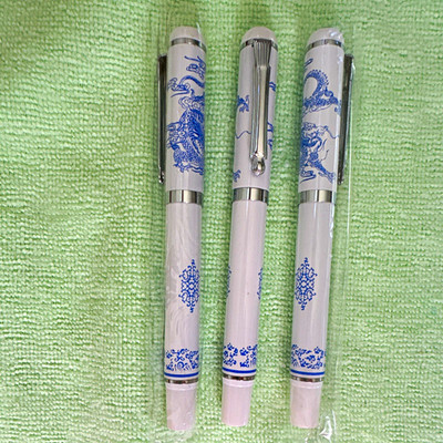 Yiren Porcelain Dragon Fountain Pen 3-Piece Lot - Blue & White 22KGP Nib (2 New)