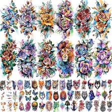 63 Sheets 3D Watercolor Rose Temporary Tattoos For Women Arm Girls Adults, Wa...