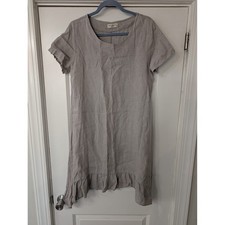 TERZO MILLENNIO Linen Dress Drop Waist Ruffle Hem gray tan medium lagenlook