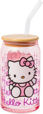 Silver Buffalo Sanrio Hello Kitty Waving Pink Glass Jar Tumbler with Bamboo Lid