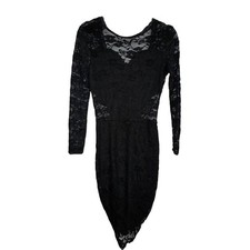 Black Lace Long-Sleeve Dress V-Neck & Ruched Hem Medium Stretch Sexy Goth Punk