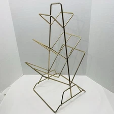 Vintage Mid Century MCM Metal Brass Tone 3 Tier Magazine Book Rack Stand