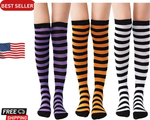 3 Pairs Halloween Long Striped Knee High Socks Witch Socks for Women Girls Hallo - Picture 1 of 7