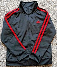 Adidas Boys Size 5 Track Full Zip-Up Jacket Black Red Logo 2 Stripes