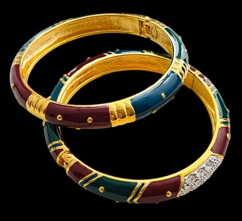 Conjunto de pulseira articulada vintage Joan Rivers strass esmalte - caixa bolsa cartão - Imagem 2 de 4