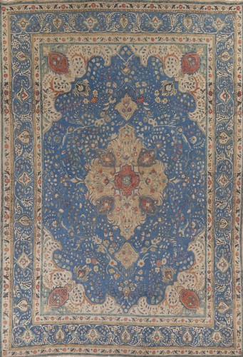 Over-Dyed Blue Floral Tebriz Area Rug 10x13 Vintage Handmade Room Size Carpet