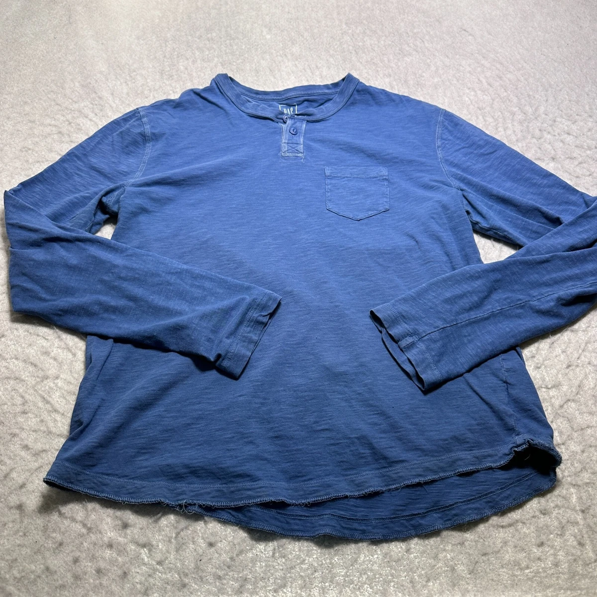 Gap T Shirt Mens Large L Blue Henley Neck Long Sleeve Cotton Top