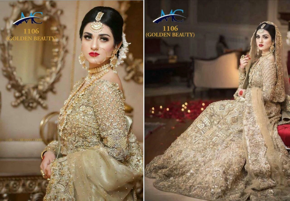 Gold Bridal Lehenga Choli Chunri Designer Nikah Wedding Lengha Velvet Dress Sari