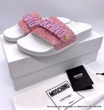 MOSCHINO GLITTER LETTERING LOGO POOL 25 SLIDES Pink White size 39